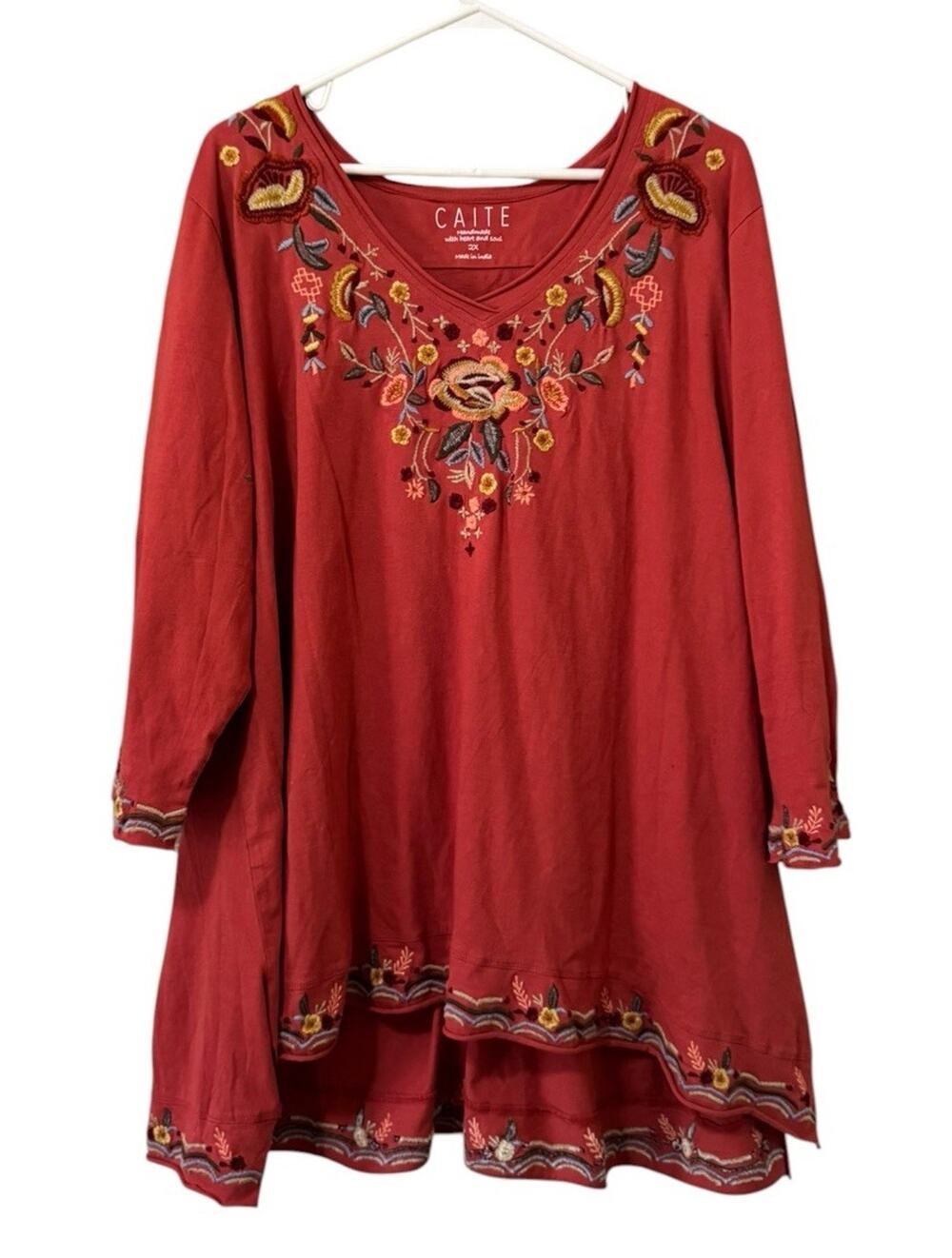 Caite Women Size 2X Embroidered Short Sleeve Tunic‎ Shirt Bohemian Hippie Artsy